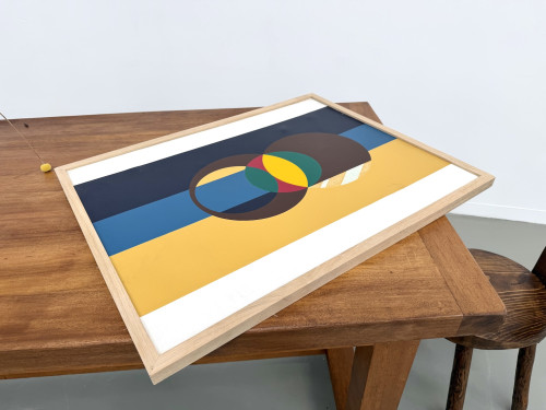 Composition aux cercles et bandes verticales, huile sur toile encadrée chêne, années 1960-70, vue 11