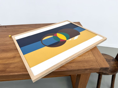 Composition aux cercles et bandes verticales, huile sur toile encadrée chêne, années 1960-70, vue 11