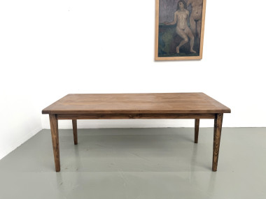 Table de ferme, plateau chêne massif chevillé, pieds fuseaux en pin, France, années 1950, vue 2