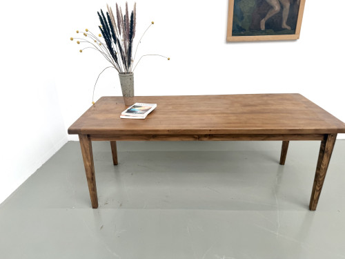 Table de ferme, plateau chêne massif chevillé, pieds fuseaux en pin, France, années 1950, vue 3