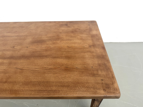 Table de ferme, plateau chêne massif chevillé, pieds fuseaux en pin, France, années 1950, vue 6