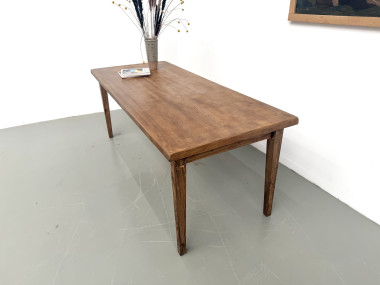 Table de ferme, plateau chêne massif chevillé, pieds fuseaux en pin, France, années 1950, vue 10