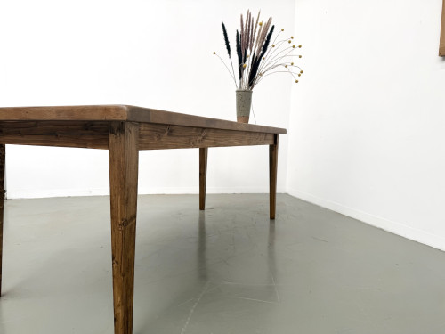 Table de ferme, plateau chêne massif chevillé, pieds fuseaux en pin, France, années 1950, vue 15
