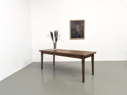 Table de ferme, plateau chêne massif chevillé, pieds fuseaux en pin, France, années 1950, vue 18