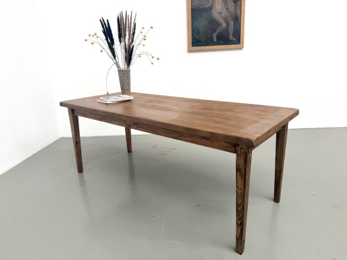 Table de ferme, plateau chêne massif chevillé, pieds fuseaux en pin, France, années 1950, vue 19