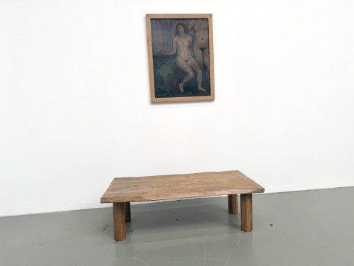 Table basse brutaliste, forme libre en chêne massif, vue 1