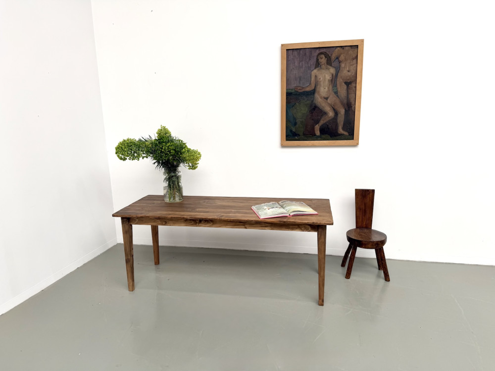 Table de ferme en pin, pieds fuseaux, années 50, vue 1