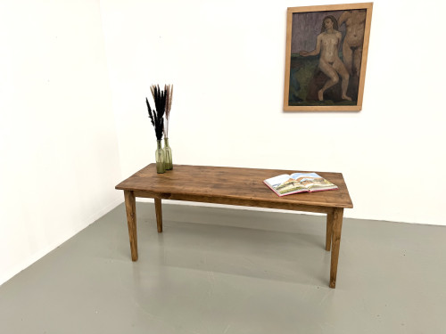 Table de ferme en pin, pieds fuseaux, années 50, vue 1