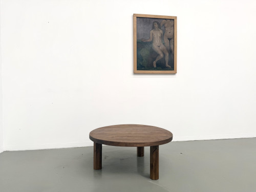 Table basse ronde en chêne massif, pieds octogonaux, France, années 1950, vue 1