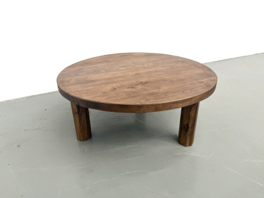 Table basse ronde en chêne massif, pieds octogonaux, France, années 1950, vue 2