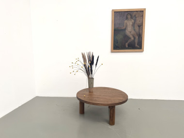 Table basse ronde en chêne massif, pieds octogonaux, France, années 1950, vue 3