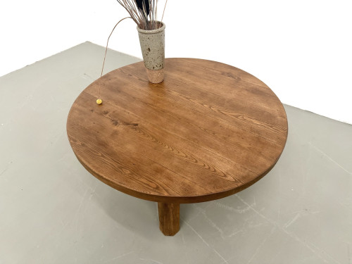 Table basse ronde en chêne massif, pieds octogonaux, France, années 1950, vue 4
