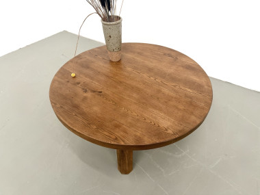 Table basse ronde en chêne massif, pieds octogonaux, France, années 1950, vue 4