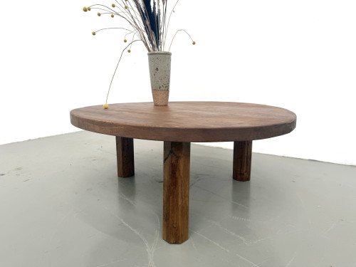 Table basse ronde en chêne massif, pieds octogonaux, France, années 1950, vue 5