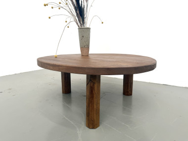 Table basse ronde en chêne massif, pieds octogonaux, France, années 1950, vue 5