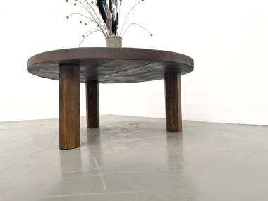 Table basse ronde en chêne massif, pieds octogonaux, France, années 1950, vue 6