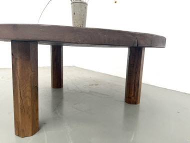 Table basse ronde en chêne massif, pieds octogonaux, France, années 1950, vue 7