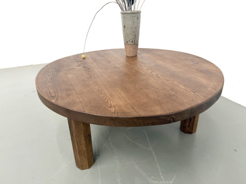 Table basse ronde en chêne massif, pieds octogonaux, France, années 1950, vue 8