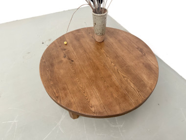 Table basse ronde en chêne massif, pieds octogonaux, France, années 1950, vue 9