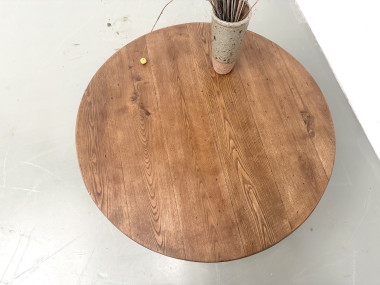 Table basse ronde en chêne massif, pieds octogonaux, France, années 1950, vue 14