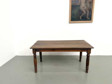 Table de ferme en merisier massif, pieds tournés, France, vers 1900, vue 2