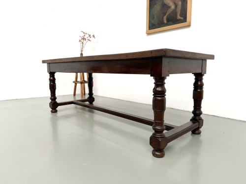 Table de ferme en noyer massif, pieds tournés, années 1950, vue 9