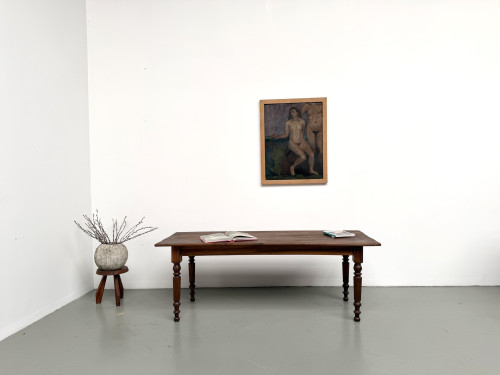 Table de ferme en noyer massif, pieds tournés, 1920, vue 3