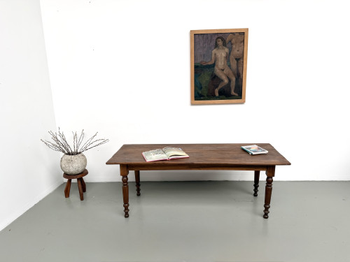 Table de ferme en noyer massif, pieds tournés, 1920, vue 4