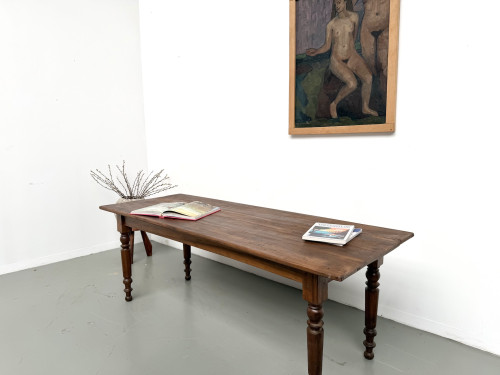 Table de ferme en noyer massif, pieds tournés, 1920, vue 6