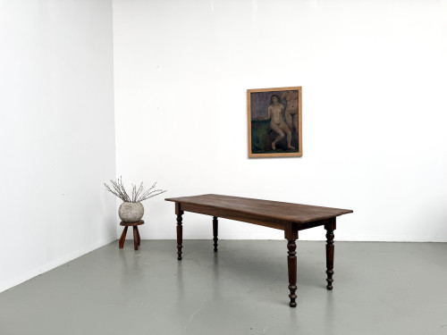 Table de ferme en noyer massif, pieds tournés, 1920, vue 15
