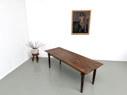 Table de ferme en noyer massif, pieds tournés, 1920, vue 16
