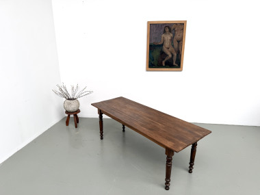 Table de ferme en noyer massif, pieds tournés, 1920, vue 16