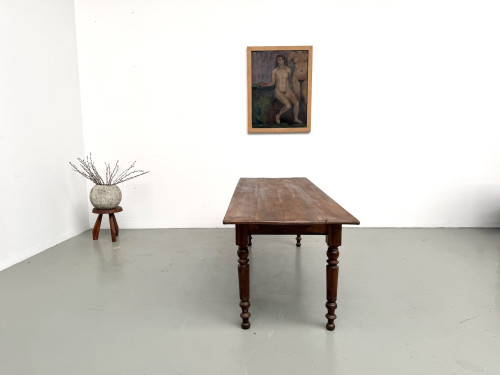 Table de ferme en noyer massif, pieds tournés, 1920, vue 23