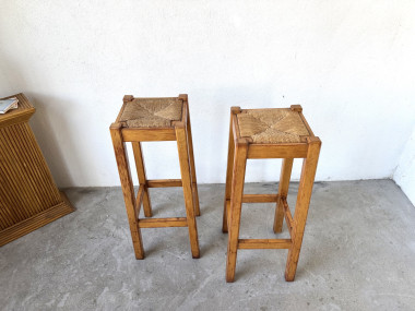 Paire de tabourets hauts en bois massif et paille tressée Style Brutaliste / Les Arcs, vue 4