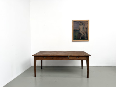 Table de ferme en pin aux pieds fuseaux, années 50, vue 1
