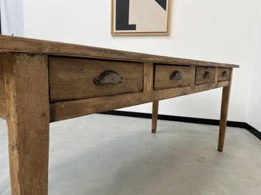 Table de ferme en pin, années 50 à 8 tiroirs, vue 22