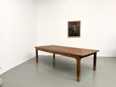 Grande table de ferme brutaliste en chêne massif des années 50, vue 30