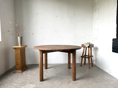 Table ronde brutaliste en chêne massif, années 50, vue 17