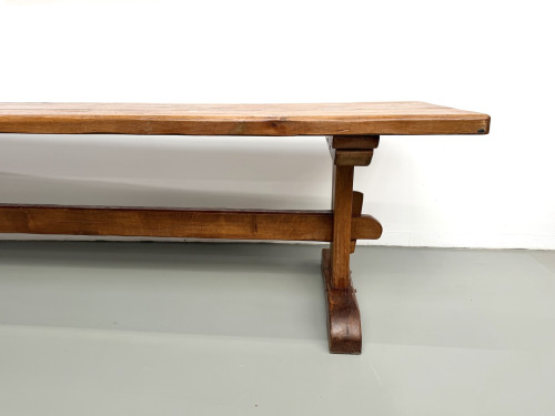 Table monastère ancienne en chêne massif de 350 cm, vers 1900, vue de profil et piètement