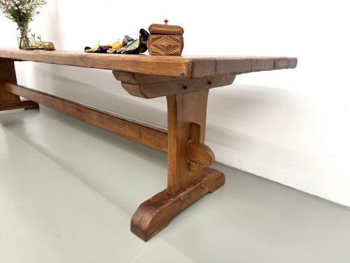 Table monastère ancienne en chêne massif de 350 cm, vers 1900, vue en perspective du plateau