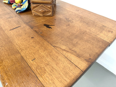 Table monastère ancienne en chêne massif de 350 cm, vers 1900, détail du plateau en patine d'origine
