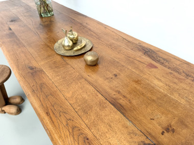 Table monastère ancienne en chêne massif de 350 cm, vers 1900, détail du plateau en patine d'origine