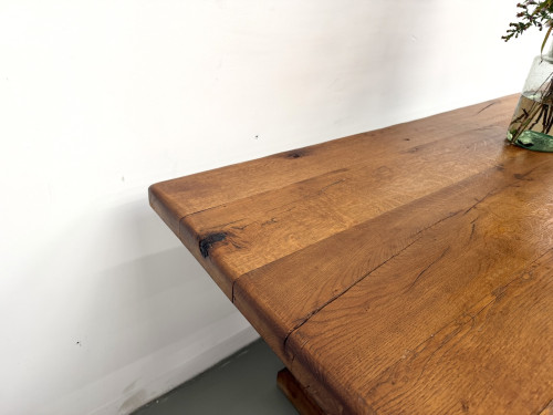 Table monastère ancienne en chêne massif de 350 cm, vers 1900, détail du plateau en patine d'origine