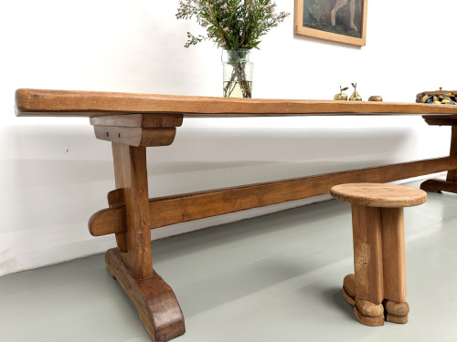 Table monastère ancienne en chêne massif de 350 cm, vers 1900, vue de profil et piètement