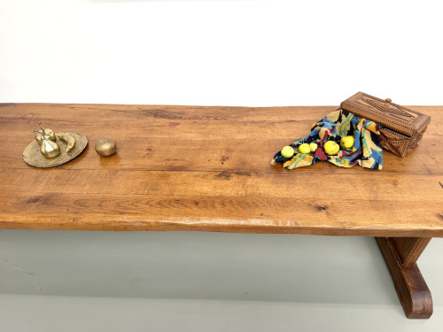 Table monastère ancienne en chêne massif de 350 cm, vers 1900, détail du plateau en patine d'origine