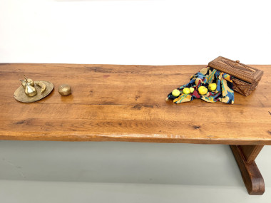 Table monastère ancienne en chêne massif de 350 cm, vers 1900, détail du plateau en patine d'origine