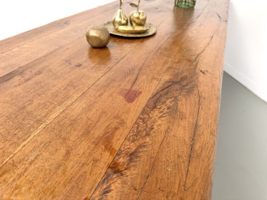 Table monastère ancienne en chêne massif de 350 cm, vers 1900, détail du plateau en patine d'origine