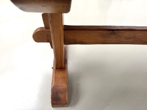 Table monastère ancienne en chêne massif de 350 cm, vers 1900, détail de la clé en chêne et du patin chantourné