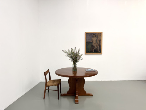 Table ronde en chêne massif années 60 avec chaise paillée