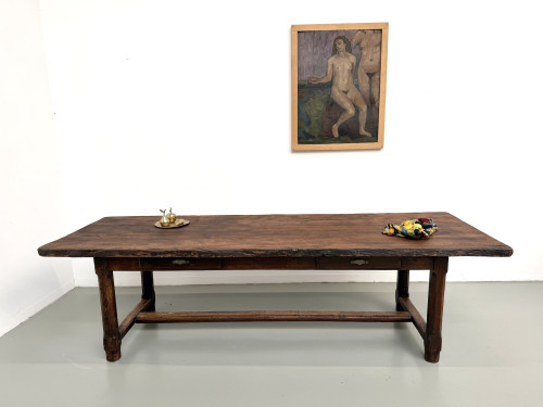 Table de ferme brutaliste en chêne massif 270 cm années 20, Maison Lecan